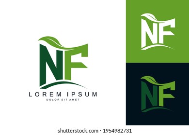 NF logo monogram with green leaf nature organic bio curved shape premium vector design template