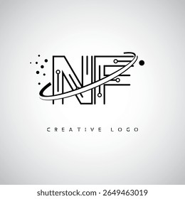 Logotipo de Monograma de Órbita NF - Marca de Letra Mínima Futurista com Linha de Arte Circular, Pontos Inspirados na Tecnologia e Conceito de Movimento Espacial para Identidade de Marca Moderna