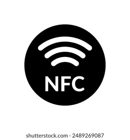 NFC black round icons. Wireless payment solid circle symbol. Near field communication solid sign.