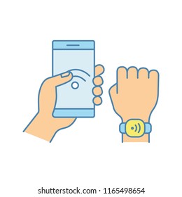 NFC Bracelet Connected To Smartphone Color Icon. NFC Phone Synchronized With Smartwatch. Near Field Communication.RFID Wristband. Isolated Vector Illustration