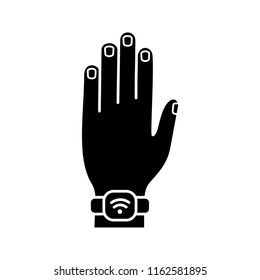 NFC bracelet glyph icon. Near field communication. RFID wristband. NFC smartwatch. Smart wristwatch. Contactless technology. Silhouette symbol. Negative space. Vector isolated illustration