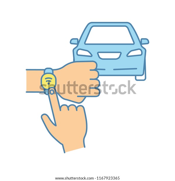 NFC car color icon. NFC bracelet auto key.\
Smart automobile. Near field communication auto control. Isolated\
vector illustration