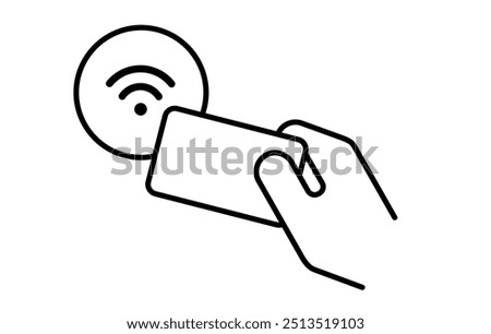 NFC card wireless contactless transaction symbol icon illustration hand holding card with signal isolated black white