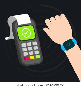 nfc bargeldlose Transaktion mit Zahlungsterminal und smarter Uhrengrafik
