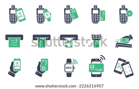 NFC Cashless Wireless Payment Technology Glyph Pictogram. ATM Money Withdraw Icon. Pay Transaction by Mobile Phone, Smart Watch, Credit Card on POS Silhouette Icon Set. Isolated Vector Illustration.