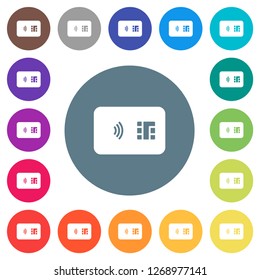 NFC chip card flat white icons on round color backgrounds. 17 background color variations are included.