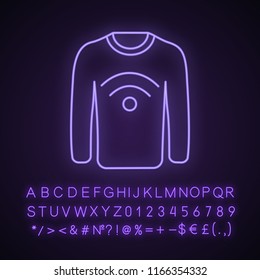 NFC clothes neon light icon. Near field communication sweater. Glowing sign with alphabet, numbers and symbols. RFID tag. Contactless technology. NFC jumper. Vector isolated illustration
