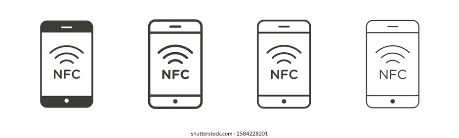 NFC communication icons set. Liner outlined and flat black color