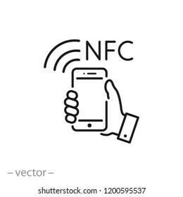 NFC communication, payment with smartphone  icon, linear sign isolated on white background - vector illustration eps10 svg