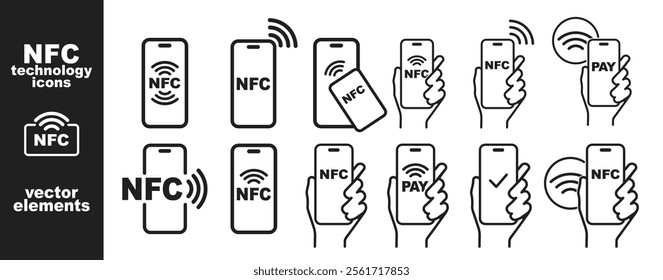 NFC concept icon set. Contactless payment. Phone tap pay. Contactless pay pass fast payment symbol