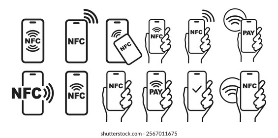 NFC concept icon set. Contactless payment. Phone tap pay. Contactless pay pass fast payment symbol