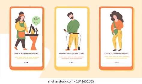 NFC - Contactless payment, flat onboarding mobile app page screen template. Payment from smartphone, paypass technology.