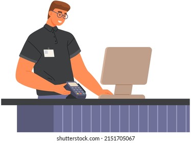 Nfc contactless payment, seller with pos reader vector illustration. Mobile purchases in supermarket, cashier vender at shop. Store employee stands at checkout with pos terminal. Man works in sales
