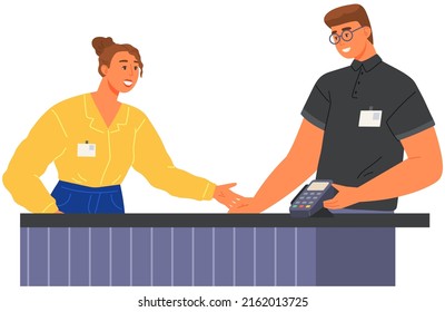 Nfc contactless payment, seller with pos reader vector illustration. Mobile purchases in supermarket, cashier vender at shop. Store employee stands at checkout with pos terminal. Man works in sales