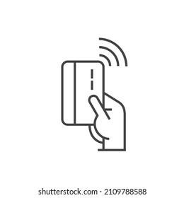 NFC Contactless Wireless Pay Sign Logo. Credit Card Or Mobile Nfc Payment. Vector Icon Concept. Hand Holding Credit Debit Card.