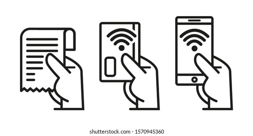 NFC contactless wireless sign payment logo. Payment by credit card or mobile NFC. Check in hand. Concept vector icon
