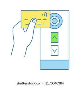 NFC credit card reader color icon. NFC public transport payment. Near field communication. RFID door elevator access control card. Isolated vector illustration