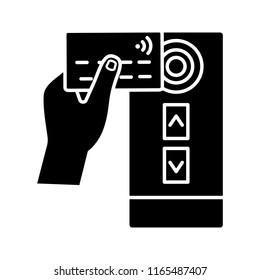 NFC credit card reader glyph icon. NFC public transport payment. Silhouette symbol. Negative space. Near field communication. RFID door elevator access control card. Vector isolated illustration