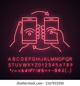 NFC data transfer neon light icon. Content sharing with smartphones. NFC files transfer. Near field communication. Glowing sign with alphabet, numbers and symbols. Vector isolated illustration