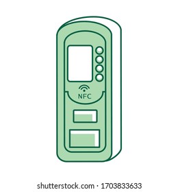 Dispositivo NFC, bloqueo de entrada sin llave, objeto lineal verde. Símbolo de línea delgada del sistema de escaneo de tarjetas de claves. Escáner electrónico, tarjeta idéntica dispositivo inteligente ilustración de contorno aislado en fondo blanco
