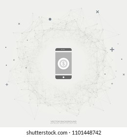 NFC Dollar Payment Illustration - Black and White Round Network Wireframe with Mobile Phone and Dollar Sign on White Background Vector - Smartphone Flat Icon for Websites
