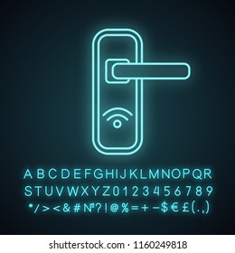 NFC door lock neon light icon. Near field communication padlock.  Contactless technology. Glowing sign with alphabet, numbers and symbols. Vector isolated illustration