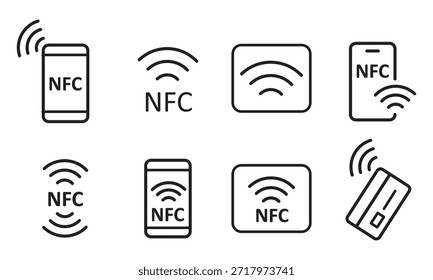 Conjunto de ícones de contorno de traçado editável NFC - Ilustração de vetor, Conjunto de ícones NFC sem contato - Ilustração de vetor de contorno moderna