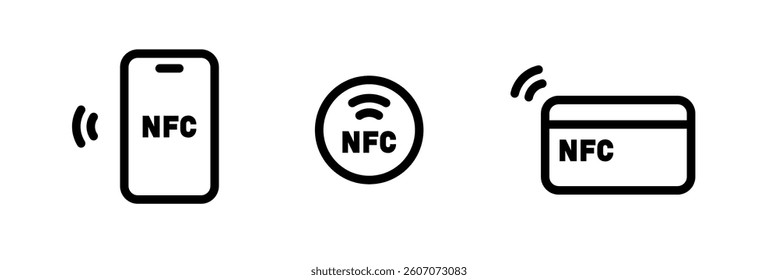 NFC editable stroke outlines icons set isolated on a flat white background.