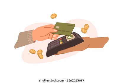 NFC electronic online transaction and payment with wireless system and banking. Isolated credit card and terminal reading data, dollar coins money. Vector in flat style illustration
