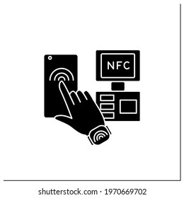 NFC glyph icon. Payment system in supermarkets. Smart clock. Near Field Communication. Contactless payment concept. Filled flat sign. Isolated silhouette vector illustration
