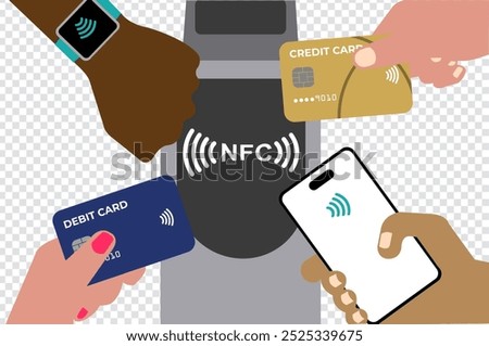 NFC. Hands with smartphone, smartwatch and bank card near terminal. Wireless contactless cashless payments, nfc. FVector illustration in flat style