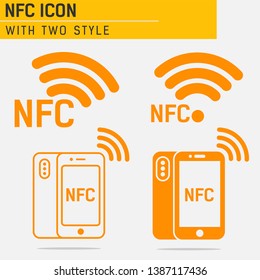 NFC icon orange on a soft gray background. An orange icon with a smartphone showing the ability to connect nfc. Modern style