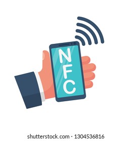 NFC icon. Payment with smartphone. Mobile payment icon icon for apps and websites. Phone in hand. Vector illustration flat design. Isolated on white background. Contactless purchase.