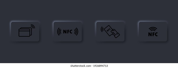 NFC icon set. Contactless payment icon. Wireless pay. Credit card. User interface elements for mobile app. Dark theme. Neumorphism style. Vector EPS10. Isolated on background