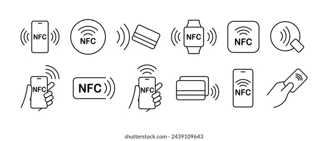 NFC-Symbolsatz. Kontaktloses drahtloses Lohn-Zeichen-Logo. NFC-Zahlungssymbol für Apps. Kontaktloses NFC-Zahlungszeichen. NFC-Zahlung mit Smartphone-Symbolen. Vektorgrafik