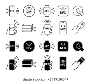 Conjunto de iconos Nfc. Logo de señal de pago inalámbrico sin contacto. Icono de pagos NFC para aplicaciones. Signo de pago NFC sin contacto. Pago NFC con iconos de smartphone. Ilustración de vector