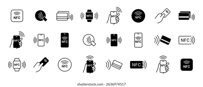 Nfc icon set. Contactless wireless pay sign logo. NFC payments icon for apps. Contactless NFC payment sign. NFC payment with smartphone icons. Vector illustration