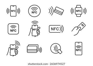 Nfc icon set. Contactless wireless pay sign logo. NFC payments icon for apps. Contactless NFC payment sign. NFC payment with smartphone icons. Vector illustration