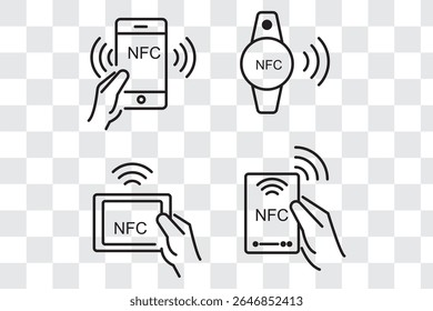 Nfc icon set. Contactless wireless pay sign logo. NFC payments icon for apps. Contactless NFC payment sign. NFC payment with smartphone icons. Vector illustration