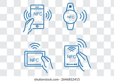 Conjunto de iconos Nfc. Logotipo de signo de pago inalámbrico sin contacto. Icono de pagos NFC para App. Signo de pago NFC sin contacto. Pago NFC con iconos de smartphone. Ilustración vectorial