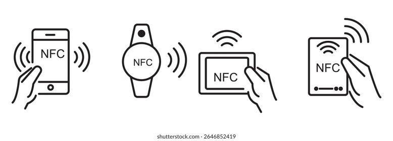 Conjunto de iconos Nfc. Logotipo de signo de pago inalámbrico sin contacto. Icono de pagos NFC para App. Signo de pago NFC sin contacto. Pago NFC con iconos de smartphone. Ilustración vectorial