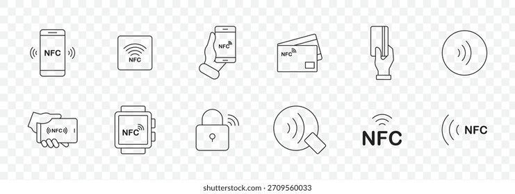 Ícone Nfc definido. Logotipo sem contato do sinal de pagamento sem fio. Ícone de pagamentos NFC para aplicativos. Sinal de pagamento NFC sem contato. Pagamento NFC com ícones do smartphone. Ilustração vetorial.
