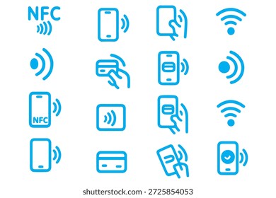 NFC-Symbolsatz. Kontaktloses drahtloses Zahlzeichen-Logo. NFC-Zahlungssymbol für Apps. Kontaktloses NFC-Zahlungszeichen. NFC-Zahlung mit Smartphone-Symbolen. Vektorgrafik