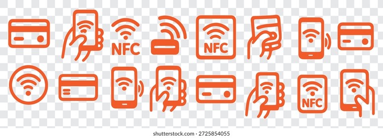 Ícone Nfc definido. Logotipo sem contato do sinal de pagamento sem fio. Ícone de pagamentos NFC para aplicativos. Sinal de pagamento NFC sem contato. Pagamento NFC com ícones do smartphone. Ilustração vetorial