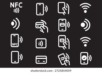 Conjunto de iconos Nfc. Logotipo de signo de pago inalámbrico sin contacto. Icono de pagos NFC para App. Signo de pago NFC sin contacto. Pago NFC con iconos de smartphone. Ilustración vectorial