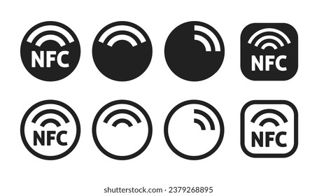 NFC icon symbol vector sticker pictogram graphic simple set, wireless contactless signal wifi technology glyph solid and line outline linear stroke label, remote radio antenna transmission sign image svg
