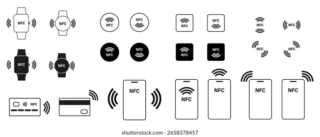 Icono de NFC, símbolo de NFC, pago inalámbrico. Conjunto de líneas y siluetas. Smartphone, smartwatch y tarjeta NFC.