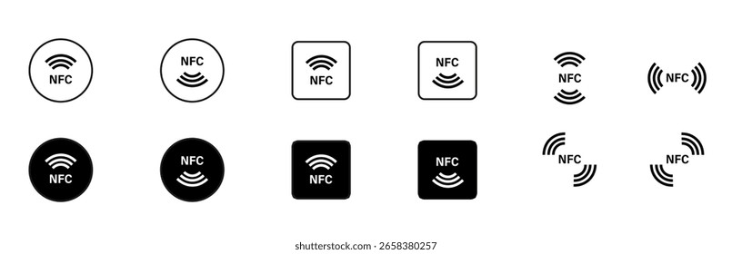 NFC icon, NFC symbol, wireless payment. Line and silhouette set.