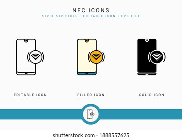 NFC icons set vector illustration with solid icon line style. Wireless payment concept. Editable stroke icon on isolated white background for web design, user interface, and mobile application