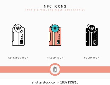NFC icons set vector illustration with solid icon line style. Wireless payment concept. Editable stroke icon on isolated white background for web design, user interface, and mobile application